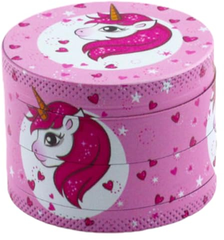 Evergreen Labs Grinder rosa con design unicorno, metallo, diametro 50 mm, 4 pezzi, con colino, macina erbe aromatiche, tritatutto in lega di zinco, ideale per pinoli e peperoncini.