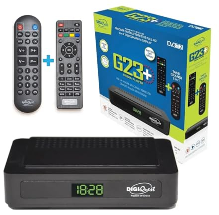 Decoder digitale terrestre 2024, Decoder DVB-T2, Digiquest G23 HEVC H.265 10bit Full HD FTA, decoder TV, USB, HDMI, SCART, Ethernet LAN RJ-45, telecomando aggiuntivo per anziani, Plastica