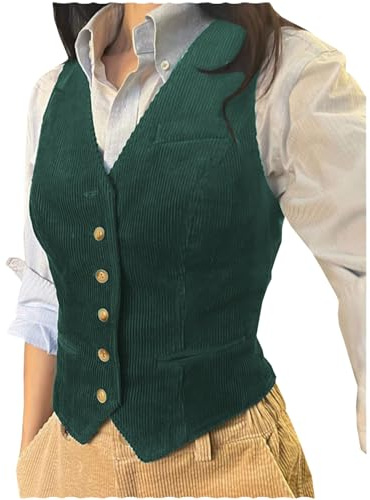 Tuikayoo Veste sin mangas con botones para mujer de corduroy con cuello en V, ajuste ceñido, M