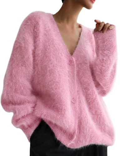 Yimoon Suéter Tipo cárdigan Mullido para Mujer, Cuello en V, Manga Larga, con Botones, suéter de Punto Peludo Holgado 2024, Rosado, M