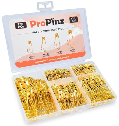 Safety Pins Assorted Sizes - Strong Nickel Plated Steel, Rust Resistant - Ideal for Art & Crafts, DIY, Pinning, Hemming, Dressmaking, Sewing and More (Gold, Pack of 250-4 Sizes)