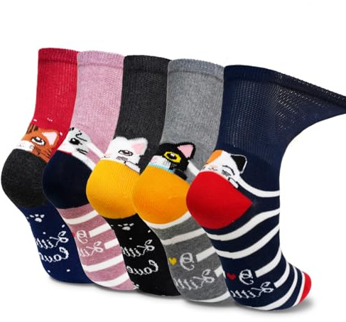 LOFIR Calzini Bambina senza Cuciture e senza Elastico: Calze Bambino Cotone Respirante con Motivi Animali e Bordo Extra Largo Ideali per Scuola e Sport 5 Paia 35-38