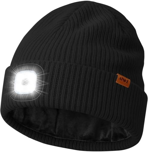 ATNKE LED Bonnet Lampe Frontale avec Polaire Doublé, USB Rechargeable 4 LED Chapeau Course Ultra Lumineux Lumière Mains Libres Hiver Chaud Laine Tricot Casquette pour Homme et Femme/Black