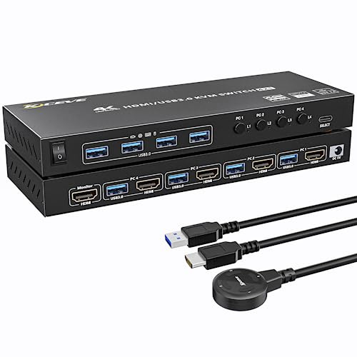 4K@60Hz 2K@144Hz HDMI KVM Switch 1 Monitor 4 Computers with 4 USB3.0 Devices, 𝐄𝐃𝐈𝐃 𝐄𝐦𝐮𝐥𝐚𝐭𝐨𝐫, Includes Wired Remote Control, Power Adapter and 4 USB Cables