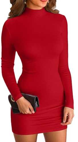 VICHYIE Abito sexy elegante da donna con collo mock, bodycon, miniabito a maniche lunghe, corto, aderente, Colore: rosso, L