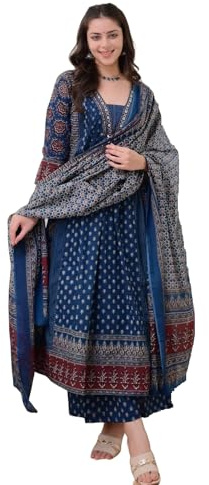 KLOSIA Anarkali Kurta et pantalon en rayonne imprimée avec dupatta pour femme, Bleu sarcelle, 40