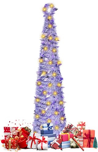 150cm Árbol de Navidad Plegable con Luces, Árbol de Pino de Navidad Artificial con 50 Luces LED, Arbol Lápiz con Soporte para Decoración Navideña Hogar Oficina
