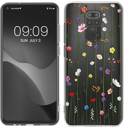 kwmobile Carcasa Compatible con Xiaomi Redmi Note 9 - Funda Silicona TPU Flores Colores Multicolor/Transparente