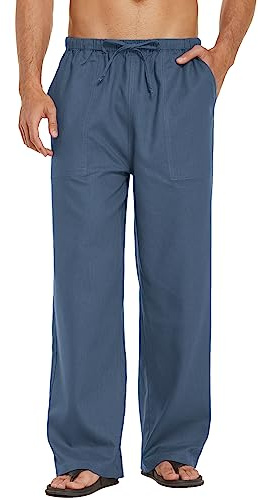 COOFANDY Pantalon en lin pour homme avec cordon de serrage - Pantalon d'été léger - Pantalon de loisirs - Couleur unie - Pantalon en lin avec poches, bleu pigeon, L
