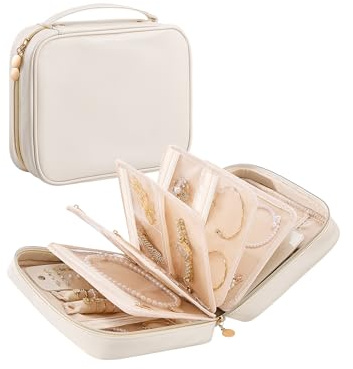 Lolalet Travel Jewelry Organizer Case, Large Jewelry Binder Book with Individual Pouches, Portable Leather Zippered Bag for Jewelry Storage of Earring, Ring & Necklace, Gift for Mom -Beige