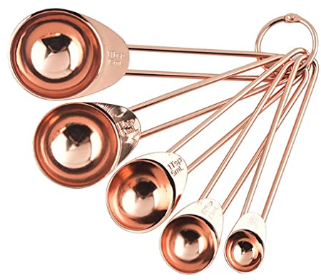SHYYOULQE Rostfritt stål roséguld mätskedar koppar set graverad markeringslinjal skala stapelbar matsked matsked måttsked långt handtag