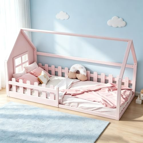 luckdect Lit cabane 90x200 cm en pin Massif,lit Plateforme avec barrière de sécurité,Rose