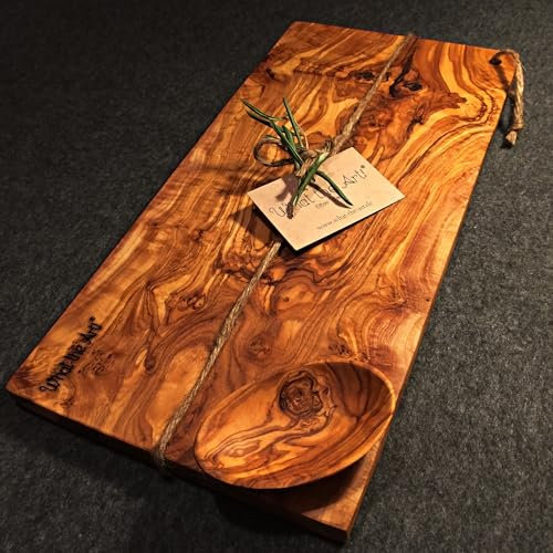 What the Art!® Olive Wood «Karo» Gr. XL | Olivenholz Schneidebrett inkl. Dip-Schälchen | Handarbeit | 40 x 18 x 2 cm | Käsebrett - Hackbrett - Tranchierbrett - Servierbrett