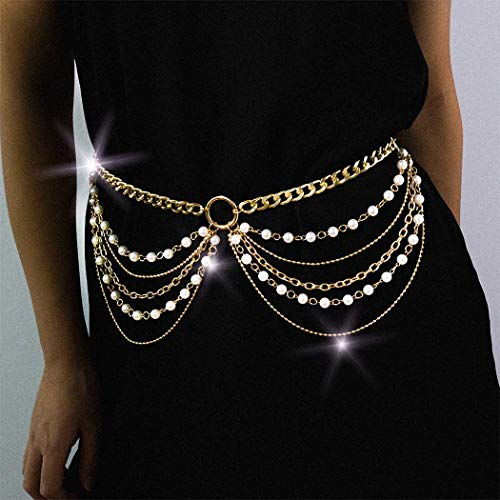 IYOU Boho Hüftkette Geschichtet Gold Perle Körperkette Perlen Gürtelketten Party Abschlussball Bauchkette Schmuck Pro Frau und Mädchen