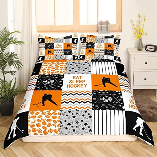Homewish Ice Hockey Bedding Set Ice Hockey Player Comforter Cover Double Size Winter Puck Sports Duvet Cover Geometric Stripes Lines Bed Set For Kids Boys Teens Adult Room Decor Orange