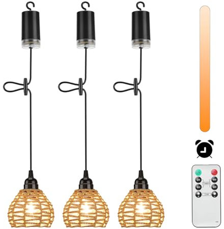 Lightess 3 Hanging Lights Battery Operated Pendant Ceiling Light Indoor Outdoor Chandelier Dimmable Battery Operated Light Bulb Portable Rattan Lamp IP44 with Remote Control Timer for Porch Backyard