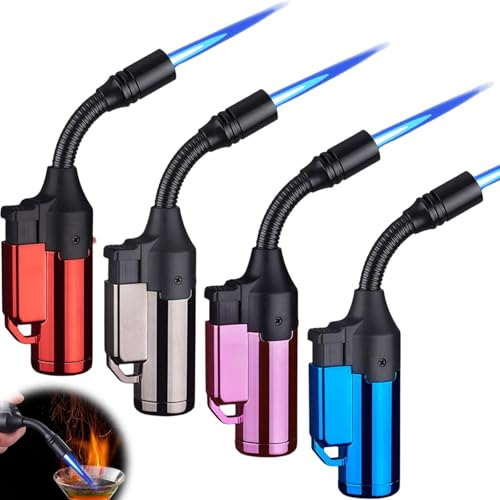 Feuerzeug Sturmfeuerzeug 4 Stück: 360° Flexible Stabfeuerzeug Gas Nachfüllbar, Winddichte Feuerzeug Jetflame Gasbrenner für Kamin, Camping, Grill, Ofen, Kerzen, Herd (Ohne Gas)