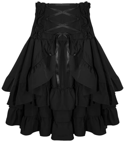 SEAUR Viktoriansk kjol damer midi hög midja volanger kjol renässans medeltida vintage steampunk gotisk kjol A-linje snörning tre lager kjol karneval festlig cosplay kostym, svart, S