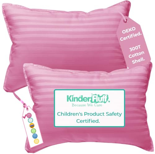 kinder Fluff Cuscino per Bambini (2x) – Cuscini con Imbottitura Alternativa e Cotone 300T. Ipoallergenico Guanciale per Letto - Cuscino da Viaggio all' Asilo o Casa P ROSA