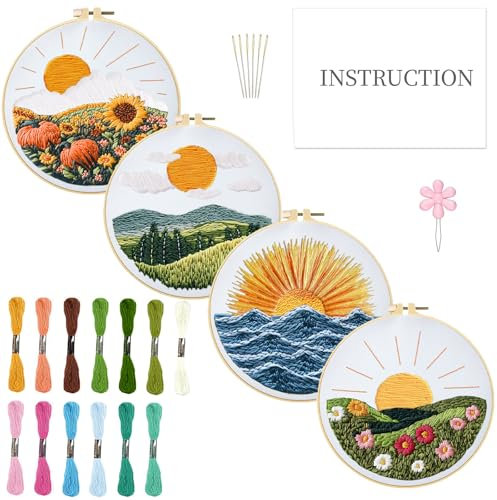 INFUNLY 4 DIY Landschaft Sticksets Für Anfänger 11.8×11.8 Sonnenuntergangsmuster Stickrahmen Set Berg Stickstarter Set Hand Sticksets Mit Anleitungen Muster Für Erwachsene