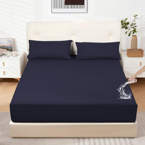 DUJUIKE Coprimaterasso Impermeabile, Lenzuolo con angoli impermeabile, Tasca Profonda, Adatto per materassi da 20-40 cm, Adatto per gatti, Cani, Bambini, Ipoallergenico(Marina Oscura,90x200cm)