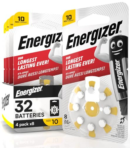 32 Batterie Acustiche Energizer per Apparecchi Acustici Auricolari Misura 10 Giallo con Tecnologia PowerSeal - 4 Blister da 8 Pile