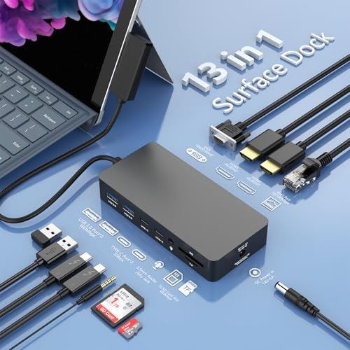 13 in 1 Microsoft Surface Dock, Surface Pro Docking Station Triple Display HDMI 4K VGA Microsoft Surface Hub Adapter für Surface Pro 11/10/9/8/X/7/6/5/4/3, Laptop 7/6/5/4/3/2/1, Book Laptop Go 3/2/1