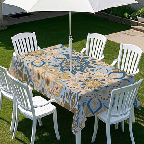 Morbuy Mantel Mesa Rectangular con Agujero para Sombrilla, Estilo Étnico Mantel Impermeable Antimanchas Exterior Jardin para Decoración Fiesta Cocina Comedor Picnic (Estilo Étnico 3,213x152cm)