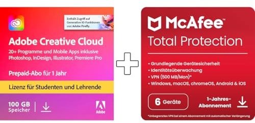 Adobe Creative Cloud All Apps Students & McAfee Total Protection 2025 | 6 Geräte |12 Monate | Digitaler download | 2025 | 2025 | Aktivierungscode per Email