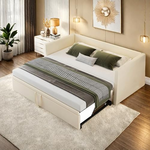 Aneutr Sofá cama 90/180 x 200 cm, cama nido misma altura, camas con cama extraíble, sofá cama de matrimonio, con somier de láminas, terciopelo (Beige, 90/180x200cm)