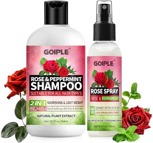 Shampoing et Après-Shampoing pour Tous Types de Dreadlocks, Tresses et Torsades, à L'eau de Rose et à la Menthe, Shampoing pour Cheveux Bouclés et Spray, Shampooing Rose Hydratant 2 PCS
