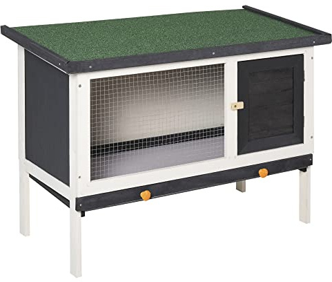PawHut Conejera de Madera Exterior Jaula Elevada para Conejos Cobayas Animales Pequeños con Techo Asfáltico Abatible Bandejas Extraíbles y Puerta con Pestillo 90x45x65 cm Gris Oscuro