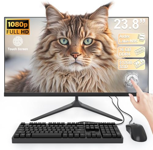 SUKOTOP PC Tout-en-Un avec écran Tactile Full HD de 23,8, processeur Alder Lake-N95, 16 Go de RAM et 512 Go SSD avec Wi-FI Double Bande, Bluetooth et Clavier Filaire avec Souris