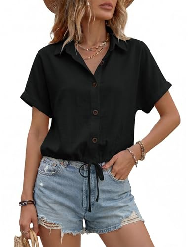 Enmain Chemisier Femme en Lin Coton Crop à Cordon Été Chemise Manches Courtes Col en V Uni Léger Infroissable Respirante Blouse Femme Regular Fit Chic et Élégant
