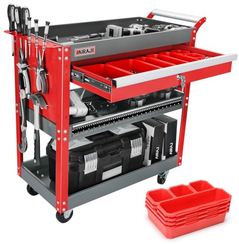 Carrello Porta Attrezzi con Ruote a Tre Livelli AIRAJ,Carrello Officina con Cassetti,Carrello Attrezzi Adatto per Garage, Officine, Magazzini e Officine,Con Ganci e Scatola dei Pezzi,Rosso