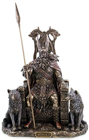 Statua Odino Veronese dio germanico con lupi e corvi - statuetta decorativa bronzata 22cm dipinta a mano mitologia da collezione statuetta da trono in poliresina