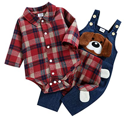 Dazzerake 2 Pezzi Completo da Neonati Pantaloni Bretelle + Pagliaccetto Camicie Plaid Casual Maniche Lunghe Bowtie Button Down con Stampa Cane (Rosso, 9-12 mesi)