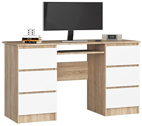 Schreibtisch Klein mit Schubladen | Office Desk | Computertisch | Bürotisch mit Tastaturablage | Holz Deko | B135 x H77 x T50 cm, 60 kg