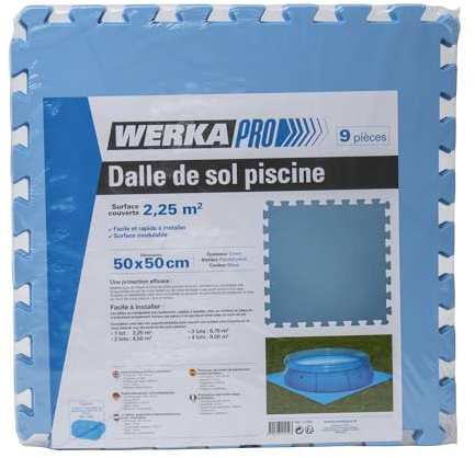 WERKA PRO, Lot de 9 Dalles de Sol Piscine, Dimensions : 50 x 50 cm, Matière : polyéthylène, Surface Couverte par Le Lot de 9 Dalles : 2,25m², Coloris : Bleu, Tapis de Sol pour Piscine