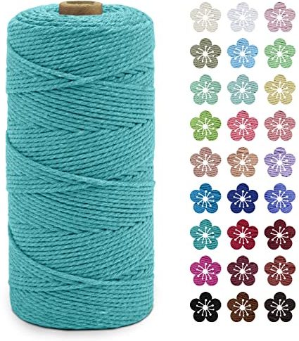LEREATI Makramee Garn 2mm x 200m Baumwollkordel Natur Baumwollseil Farbig Baumwollgarn, Macrame Cord 2mm für DIY Geflochten, Makramee Deko, Hängepflanze, Wandbehang, Vorhang (Pfauenblau)