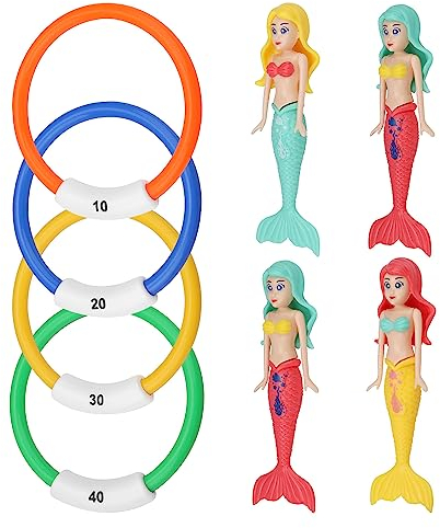 JANDH 8 Stücke Tauchspielzeug für Kinder, Unterwasser Tauchringe, Schnell im Boden Versinkend, Meerjungfrau Tauchspielzeug, Tauchring für Unterwasserspiel und Tauchtraining von Kindern