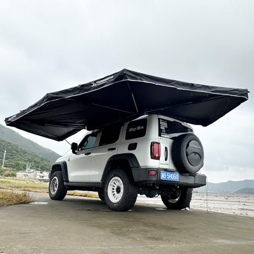 Free Standing Side Awning,2 Meters SUV Camping Canopy, 4WD Vehicle Aluminum Frame Free Pole Awning, Lightweight Black Color Mounted,Universal Truck Van Off-Road Car Roof Rack (360 degree 200x200cm)