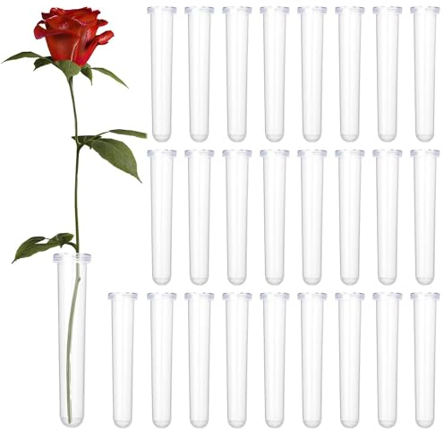 26 Stück Reagenzgläser für Blumen, 110x18mm Reagenzglas Vase, Reagenzglas Kunststoff, Blumenröhrchen mit Kappen für Blumenarrangements Blumen Pflanzen Dekoration