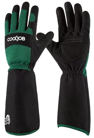 COOLJOB Gardening Gloves for Women and Men, Thorn Resistant Heavy Duty Garden Gloves, Long Sleeve Forearm Protection Ladies, Synthetic Leather Gauntlets for Pruning, Black & Green (1 Pair, Size L)