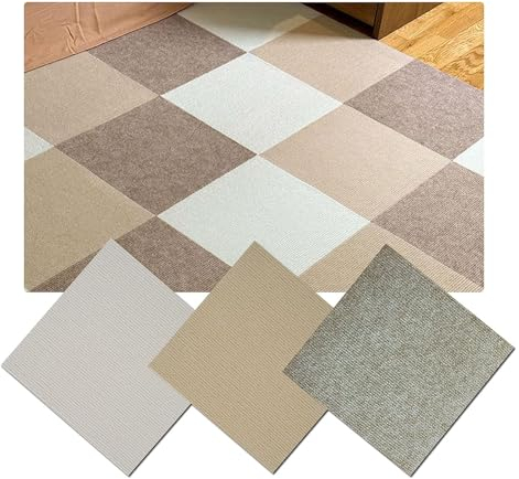 Selbstklebende Bodenfliesen, Teppichfliesen, 30,5 x 30,5 cm, selbstansaugende Spleiß-Schlingenflor-Teppichfliesen, rutschfeste Mehrzweck-Quadrat-Bodenmatte (Farbe: Weiß + Kamel + Curry, Größe: 10 Stüc