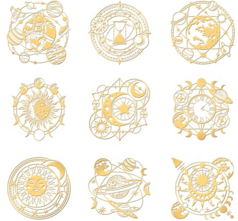 OLYCRAFT 9pcs 4x4cm Mysterious Universe Stickers Stars Moon Sun Self Adhesive Gold Stickers Planet Theme Metal Gold Stickers for Scrapbooks DIY Resin Crafts Phone Water Bottle Decor