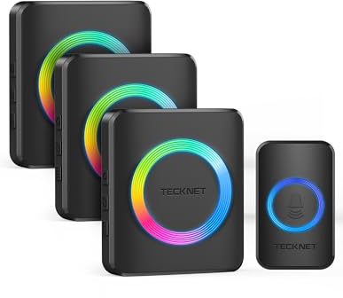 TECKNET Sonnette sans Fil Exterieur Etanche sans Pile, IP65 Étanche Sonnette sans Fil, 3 Récepteur avec Lumière RVB, 60 Mélodies et 5 Niveaux, Carillon sans Fil pour Maison, Hôtel, Urgence, Noir