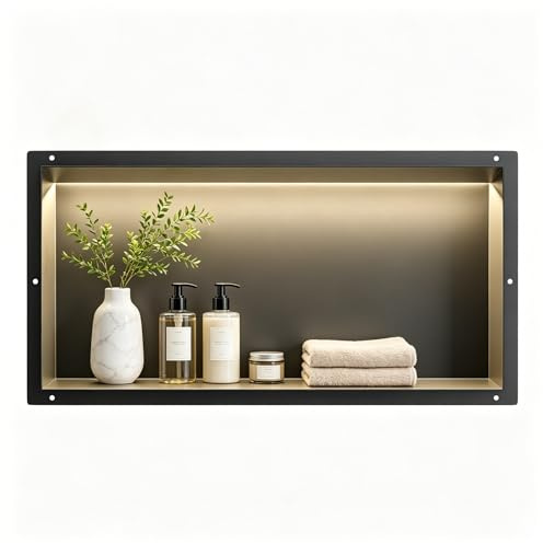 Bernkot Wall Recess Shower Stainless Steel, Waterproof Recess with LED Light, Embedded Shower Niche 60 x 30 x 10 cm, Single Bed Shower Ench, Embedded Storage in Shower Room, Black