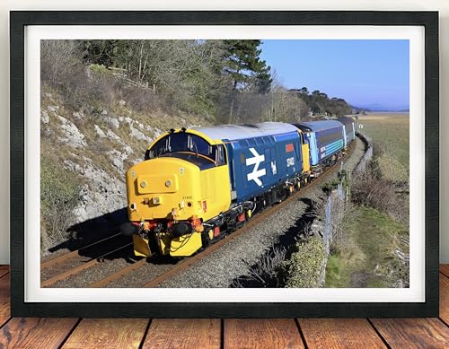 Class 37 Locomotive Framed Print. 37402 Kents Bank, Cumbria Coast. Railwayana, Train, English Electric, Picture, Poster, Direct Rail Services, British Rail (Black Frame, 43 x 33cm)