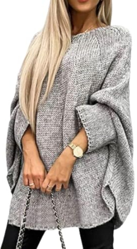 hnomrsk Dam elegant stickad cape tröja, höst rund hals fladdermusärm tröja, lös vardaglig poncho pullover (grå, S/M)